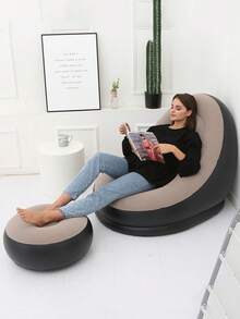 1pc Inflatable Solid Color Coffee Pvc Camping, Outdoor, Travel, Home Sofa - Coffee Brown - View 3