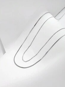 1入組925 銀極簡風格中性雙層方形蛇鏈條樣式項鍊,合適的適用於日常穿著 - 銀色 - 查看 2