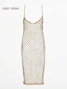 1 件原創設計女式手工鉤編純色掛脖連身裙,帶有水鑽裝飾,適合假期、派對、約會、聖誕禮物、時裝秀