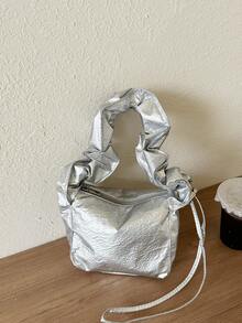 Solid Color Crinkled Personalized Simple Shoulder Bag, Mini Delicate Casual Handbag - Silver - View 1