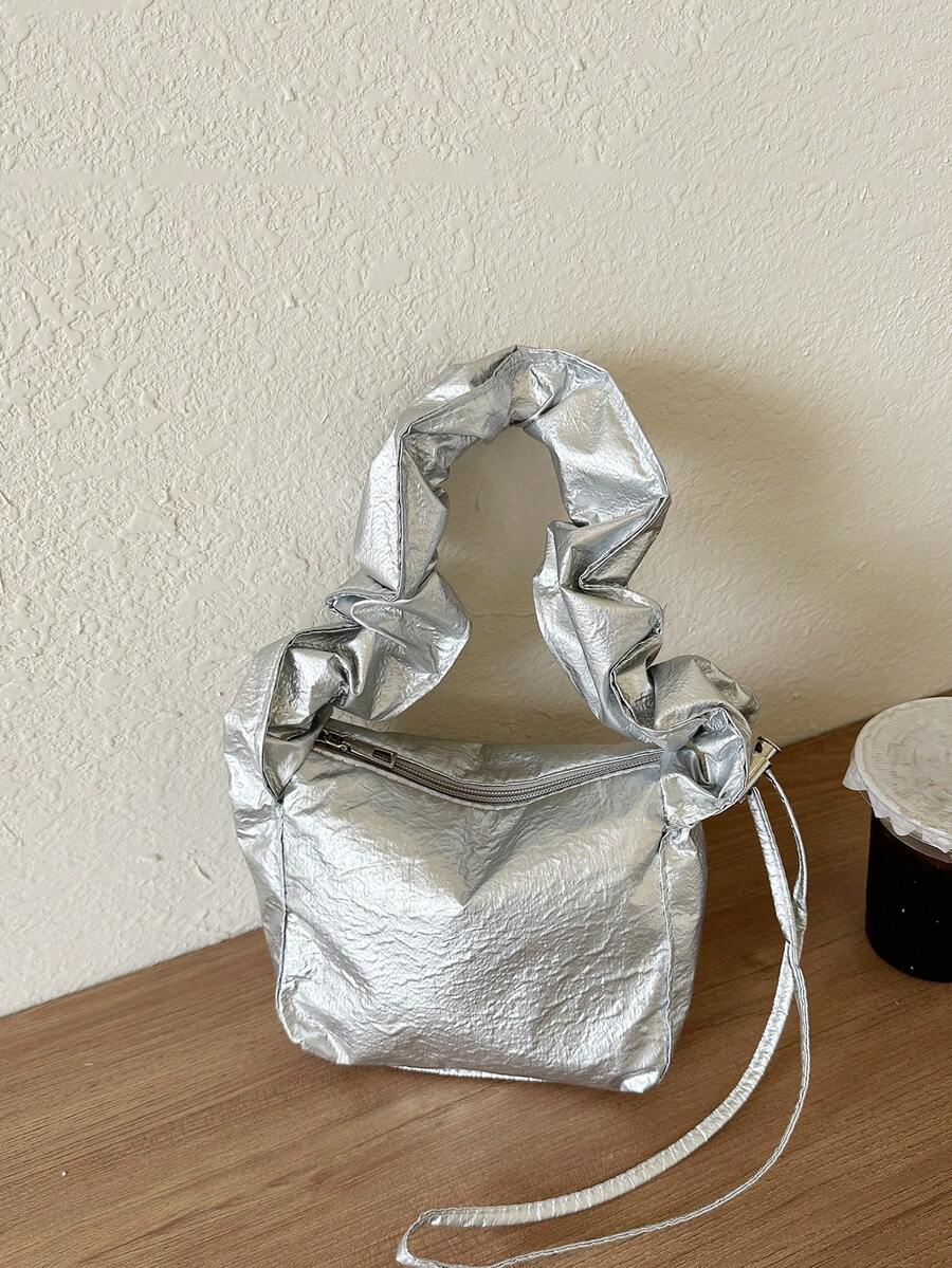 Solid Color Crinkled Personalized Simple Shoulder Bag, Mini Delicate Casual Handbag - Silver - View 1