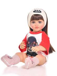 1入55厘米逼真重生娃娃,女孩軟體塑料娃娃,長發女孩娃娃,嬰兒公主娃娃玩具,柔軟逼真重生嬰兒娃娃,配件隨機發送 - 紅色 - 查看 3