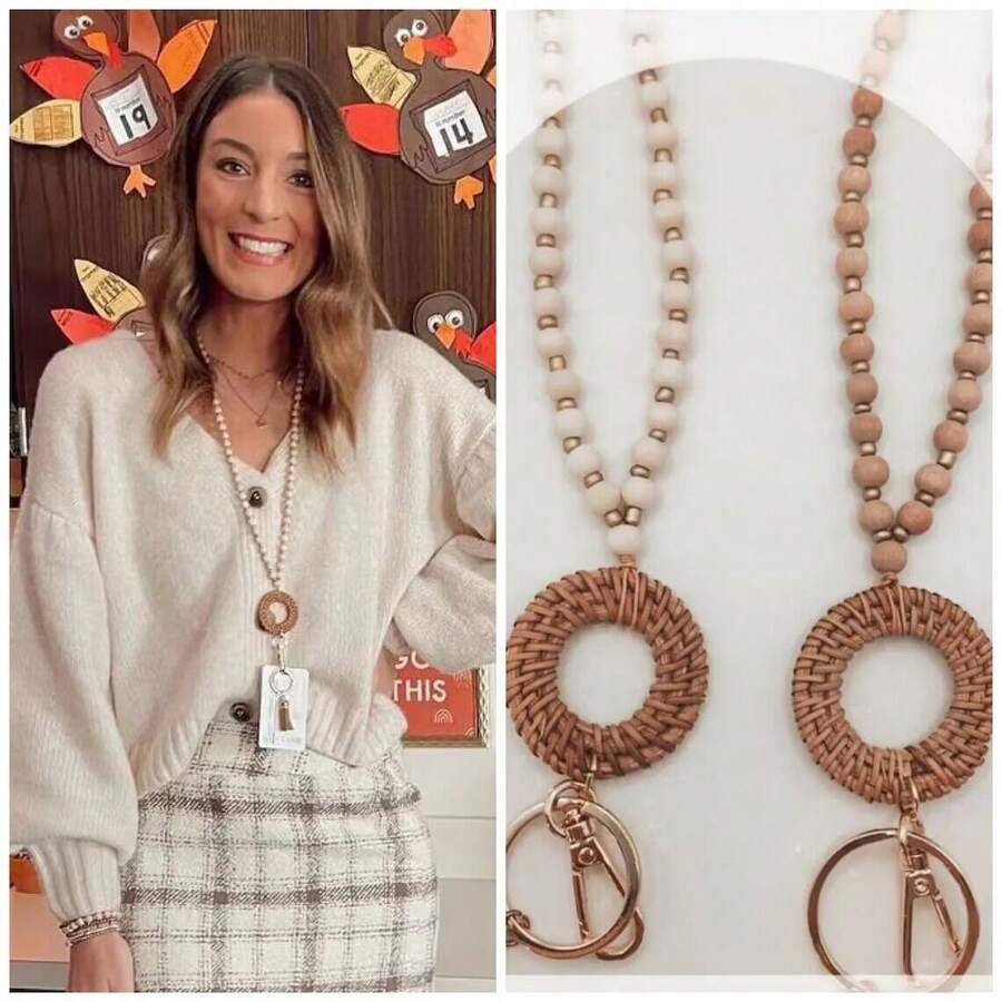 新款北歐風格木珠項鍊,帶掛繩,證件套,工作證及鑰匙扣吊飾 - 棕色 - 查看 1