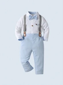 两件套男婴绅士套装 - 长袖白衬衫配领结和背带裤，时尚百搭，适合生日派对、婚礼、一周岁生日庆典等场合。 - 白色 - 查看 2