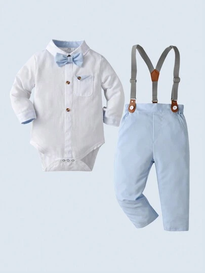 两件套男婴绅士套装 - 长袖白衬衫配领结和背带裤，时尚百搭，适合生日派对、婚礼、一周岁生日庆典等场合。
