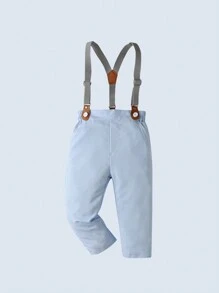 两件套男婴绅士套装 - 长袖白衬衫配领结和背带裤，时尚百搭，适合生日派对、婚礼、一周岁生日庆典等场合。 - 白色 - 查看 6