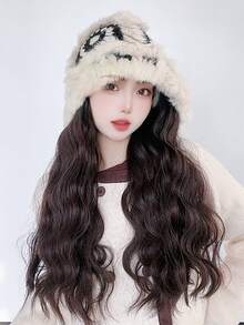 20 Inch Water Ripple Long Curly Hair Wig With Hood For Women, Autumn/winter, Integrated With Hat, Fashionable Knitted Fabric Fleece Wig Cap - Dark Brown - View 4