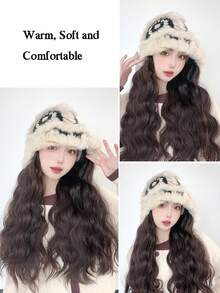 20 Inch Water Ripple Long Curly Hair Wig With Hood For Women, Autumn/winter, Integrated With Hat, Fashionable Knitted Fabric Fleece Wig Cap - Dark Brown - View 3