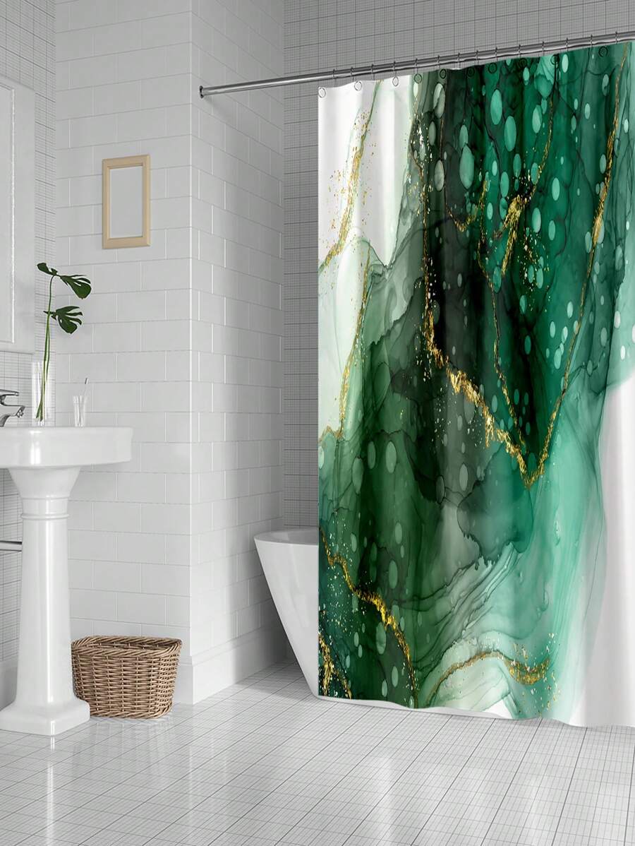 1pc Green Marble Pattern Water-resistant Polyester Shower Curtain - Multicolor - View 1