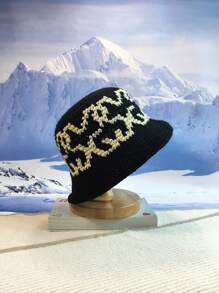 1pc Men's Handmade Knitted Jacquard Patterned Knitted Beanie Hat, Winter Warmth Bucket Hat, Suitable For Couples, Japanese And Korean Bucket Hat, Fashionable And Versatile Outdoor Bucket Hat Street - Black - View 2