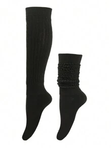 1雙女士厚綿絨兔毛絨球襪子,長筒腿暖器 - 黑色 - 查看 1