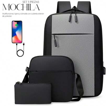 Shendy Vendy Set 3pzs Mochila Laptop De Gran Capacidad 15.6" Impermeable Escolar Con Carga Usb, bolso para estudiantes hombres y mujeres resistente al desgaste para viaje diario