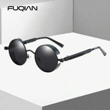 1 件装经典圆形偏光时尚眼镜男式女式时尚蒸汽朋克金属时尚眼镜女士酷黑色驾驶眼镜 - 棕色 - 查看 2