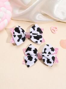 2 Piezas / Paquete Lindo Clips De Cabello En Forma De Lazo Con Patrón De Vaca Negro Y Blanco Para Niños
