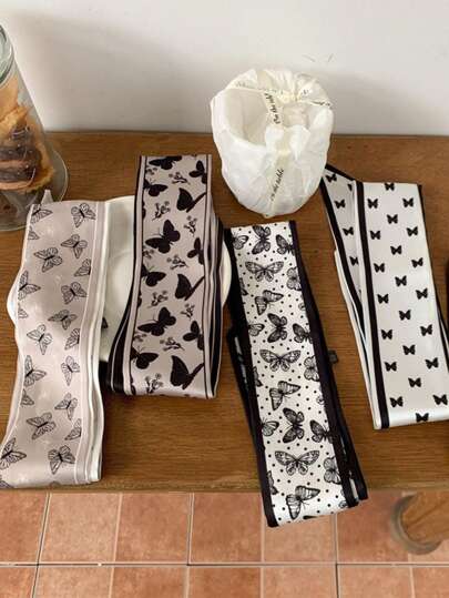 4件套女士蝴蝶印花长围巾、丝带、发带，适合休闲、度假、日常佩戴，优雅头巾，吸汗发带，秋冬季发带，女士发饰，柔软头巾