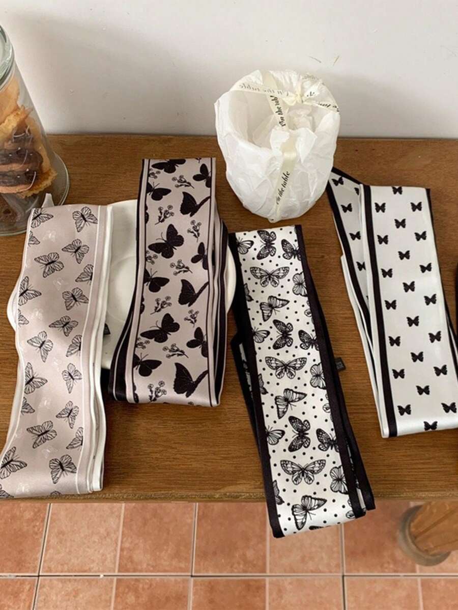 4件套女士蝴蝶印花长围巾、丝带、发带，适合休闲、度假、日常佩戴，优雅头巾，吸汗发带，秋冬季发带，女士发饰，柔软头巾 - 彩色 - 查看 1