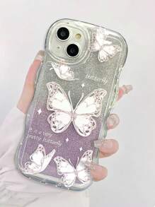 1pc Purple Butterfly Gradient Glitter Tpu Phone Case With Card Slot Compatible With Iphone - Multicolor - View 2