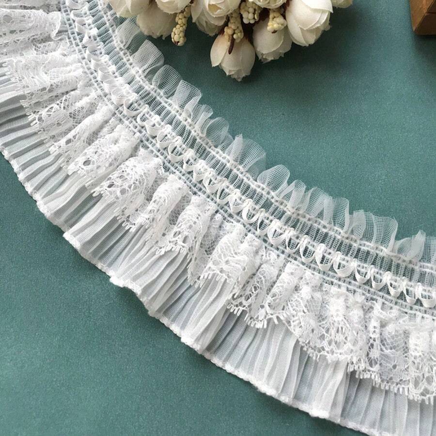 1米帶彈性、褶皺和摺疊設計的黑白色服裝、窗簾、床上用品花邊織物材料,寬度為9cm - 白色 - 查看 1