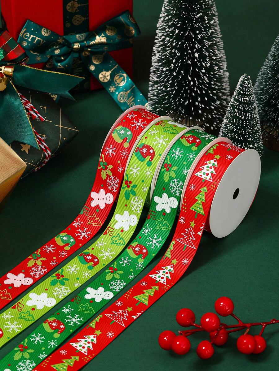 1捲9m聖誕節帶有聖誕老人、雪花圖案的紅色緞帶,可用於diy工藝、節慶禮品包裝及聖誕樹裝飾 - 墨綠色 - 查看 1