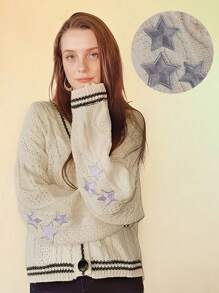 Cárdigan de hombros delantera abierta cable ribete caídos tejido de rayas con estampado de estrella - Beis - Ver 8