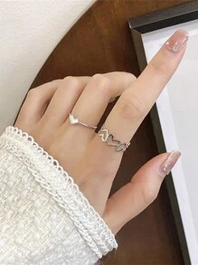 2 件/套心形微镶开口情侣戒指情人节 - 金黃色 - 查看 3