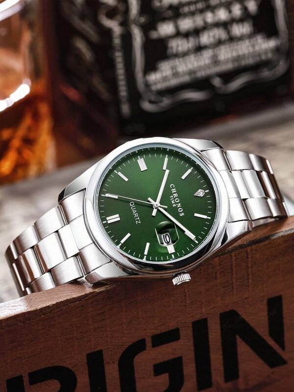 Reloj deportivo para hombres CHRONOS, correa de acero inoxidable, calendario, resistente al agua, reloj de cuarzo casual de negocios con luz nocturna como regalo para estudiantes que regresan a la escuela