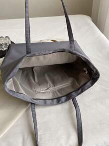 1pc Gray Nylon Large Capacity Tote Bag, Simple College Style Shoulder Bag Suitable For Women's Daily Travel Or Leisure - Grey - View 9