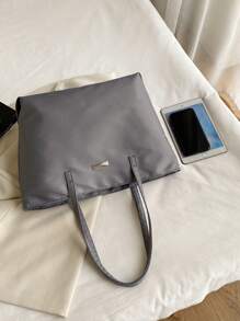 1pc Gray Nylon Large Capacity Tote Bag, Simple College Style Shoulder Bag Suitable For Women's Daily Travel Or Leisure - Grey - View 10