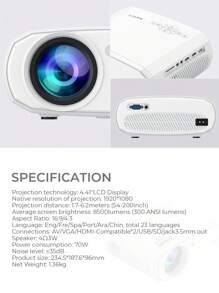 HAVIT PJ202 PRO 全高清 1080P 智能投影仪，8500 流明家庭影院视频投影仪，兼容 USB/VGA/AV/智能手机/电视盒/笔记本电脑 - 白色 - 查看 10