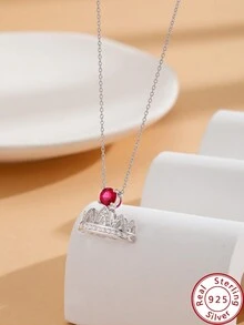 1片的S925純銀新款純銀項鍊女性皇冠帶寶石時尚簡約寶石項鍊