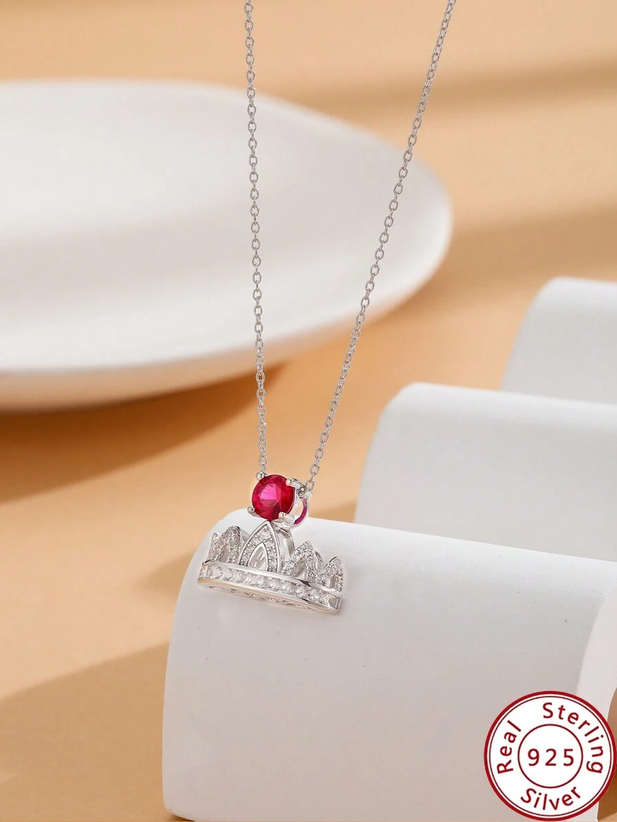 1片的S925純銀新款純銀項鍊女性皇冠帶寶石時尚簡約寶石項鍊