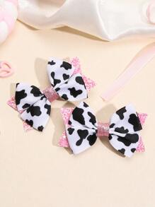 2 Piezas / Paquete Lindo Clips De Cabello En Forma De Lazo Con Patrón De Vaca Negro Y Blanco Para Niños