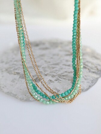 1pc Green Multi-Layer Long Necklace, Fashionable Luxury Elegant Accessory