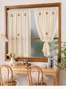 1 Miếng Dễ thương Phong cách Vintage Hoa Mô hình Ngắn Cửa sổ Rèm Với Quả cherry Và Pom Pom Ren Cạnh , Thích hợp Đối với Đồ trang trí ( Không có Và pole ) - Màu be - Xem 3