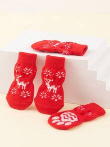 Calcetines Navideños Para Mascotas, Calcetines Estampados Con Dibujos Animados Bonitos Para Perros, Cubierta Para Pies - Rojo - Ver 2