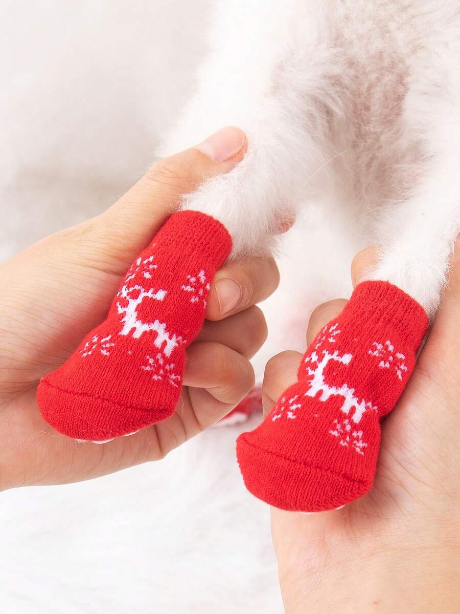 Calcetines Navideños Para Mascotas, Calcetines Estampados Con Dibujos Animados Bonitos Para Perros, Cubierta Para Pies - Rojo - Ver 1