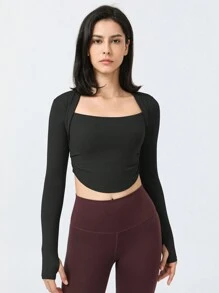 2 In 1 Pleated Running Fitness Yoga Long Sleeve T-Shirt - Black - View 3