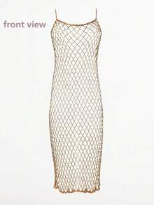 1 件原創設計女式手工鉤編純色掛脖連身裙,帶有水鑽裝飾,適合假期、派對、約會、聖誕禮物、時裝秀