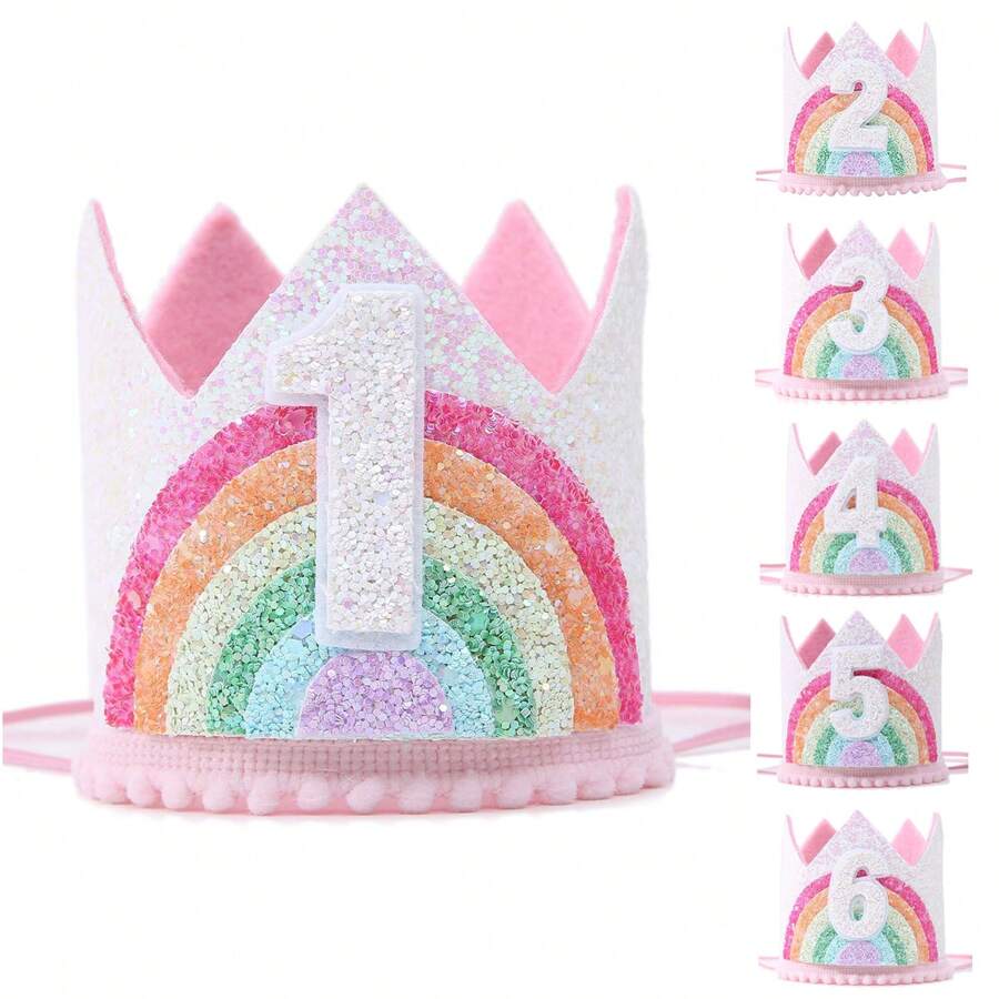 彩虹皇冠,適用於半歲、1歲、2歲、3歲、4歲、5歲、6歲生日派對 - 閃閃發光的生日皇冠,兒童生日派對帽子,嬰兒生日派對道具,皇冠生日裝飾,小女孩髮飾派對 - 多彩 - 查看 1