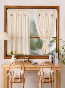 1 Miếng Dễ thương Phong cách Vintage Hoa Mô hình Ngắn Cửa sổ Rèm Với Quả cherry Và Pom Pom Ren Cạnh , Thích hợp Đối với Đồ trang trí ( Không có Và pole ) - Màu be - Xem 2