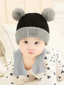 2入組新生嬰兒和幼兒厚針織帽子和圍巾帶絨球，冬季多種顏色 - 黑色 - 查看 4