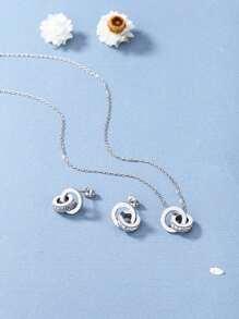 不锈钢防水防褪色女士金色水钻镶嵌罗马数字项链和耳环套装 - 銀色 - 查看 1