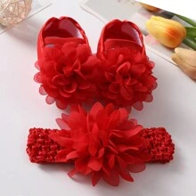 Baby Shoes, Socks And Headband Set, Cute Flower Decorated Princess Shoes, Birthday Party Outfit, 0-18 Months - Red - View 1