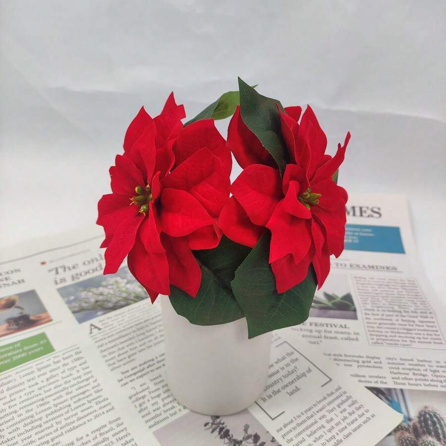 2入組紅色小型聖誕紅星花,經典聚酯與天鵝絨家居裝飾聖誕花,適合聖誕冬季裝飾 - 紅色 - 查看 1