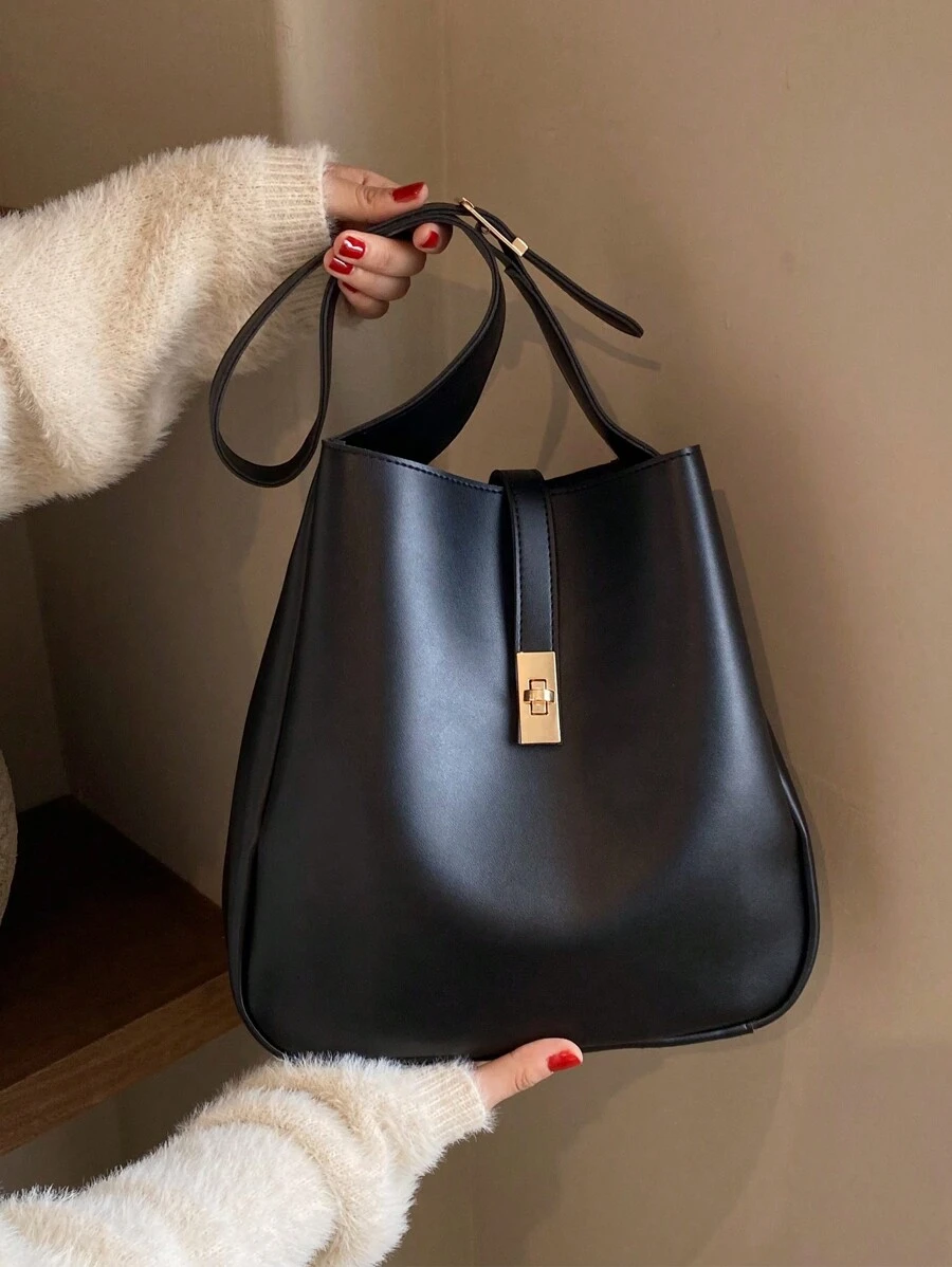 Moderna Bolsa Feminina De Cor Café, Simples Bolsa De Ombro/tote Com Grande Capacidade, Material Pu Com Fecho De Fivela De Metal, Adequada Para Compras E Uso Diário - Preto - Ver 1