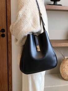 Moderna Bolsa Feminina De Cor Café, Simples Bolsa De Ombro/tote Com Grande Capacidade, Material Pu Com Fecho De Fivela De Metal, Adequada Para Compras E Uso Diário - Preto - Ver 3