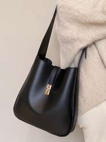 Moderna Bolsa Feminina De Cor Café, Simples Bolsa De Ombro/tote Com Grande Capacidade, Material Pu Com Fecho De Fivela De Metal, Adequada Para Compras E Uso Diário - Preto - Ver 2
