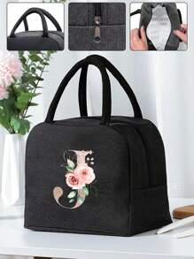 Thermal Bag Insulated Lunch Bag For Women And Men School Cooler Handbags Lunch Box Ice Pack Picnic Food Tote Name Initials  Lettern Pattern,Flower Letter Pattern Lunch Box, Canvas Lightweight Portable Lunch Storage Bag, School Office Picnic Lunch Handbag - Black - View 3