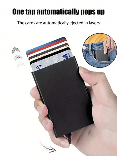 1pc Black Automatic Pop-Up Blocking Aluminum Card Case With 6 Card Slots Card Holder Wallet Business Card Holder Credit Card Holder For Men Mini Wallet Card Wallet Rfid Wallet