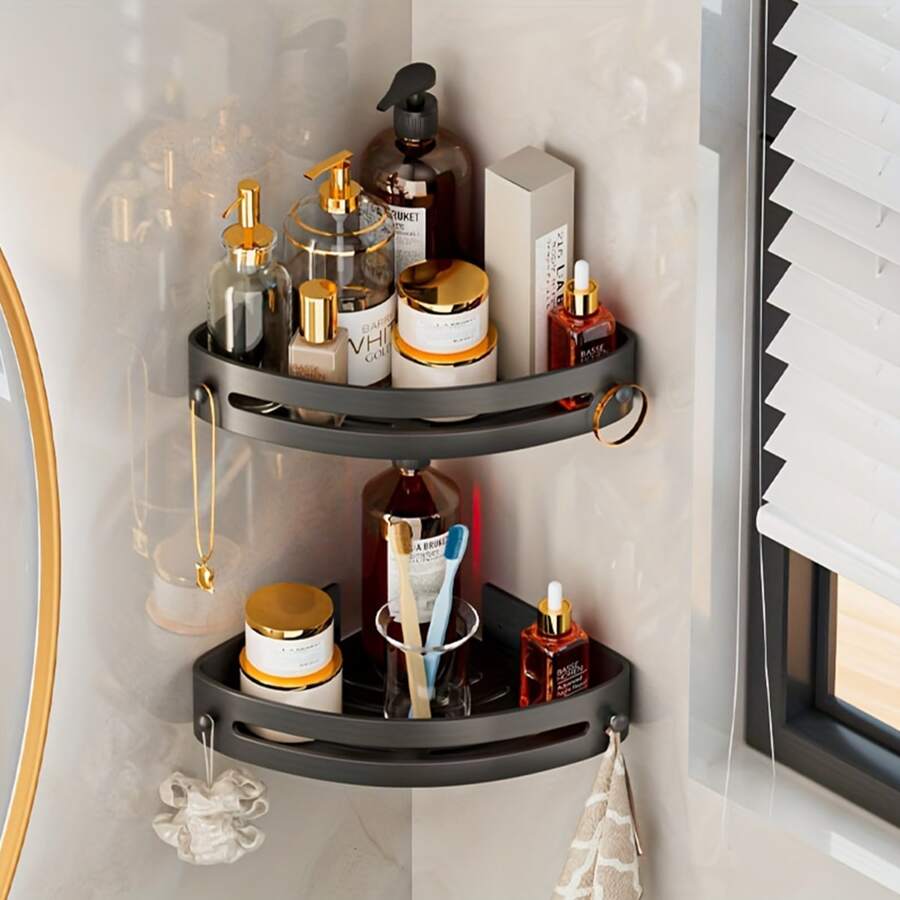 Estante Esquinero Para Baño Triangular De Dos Niveles, Carrito De Ducha Montado En La Pared Sin Necesidad De Perforación, Plástico Abs, Estante De Almacenamiento Para Inodoro, 1 Ud. - Negro - Ver 1